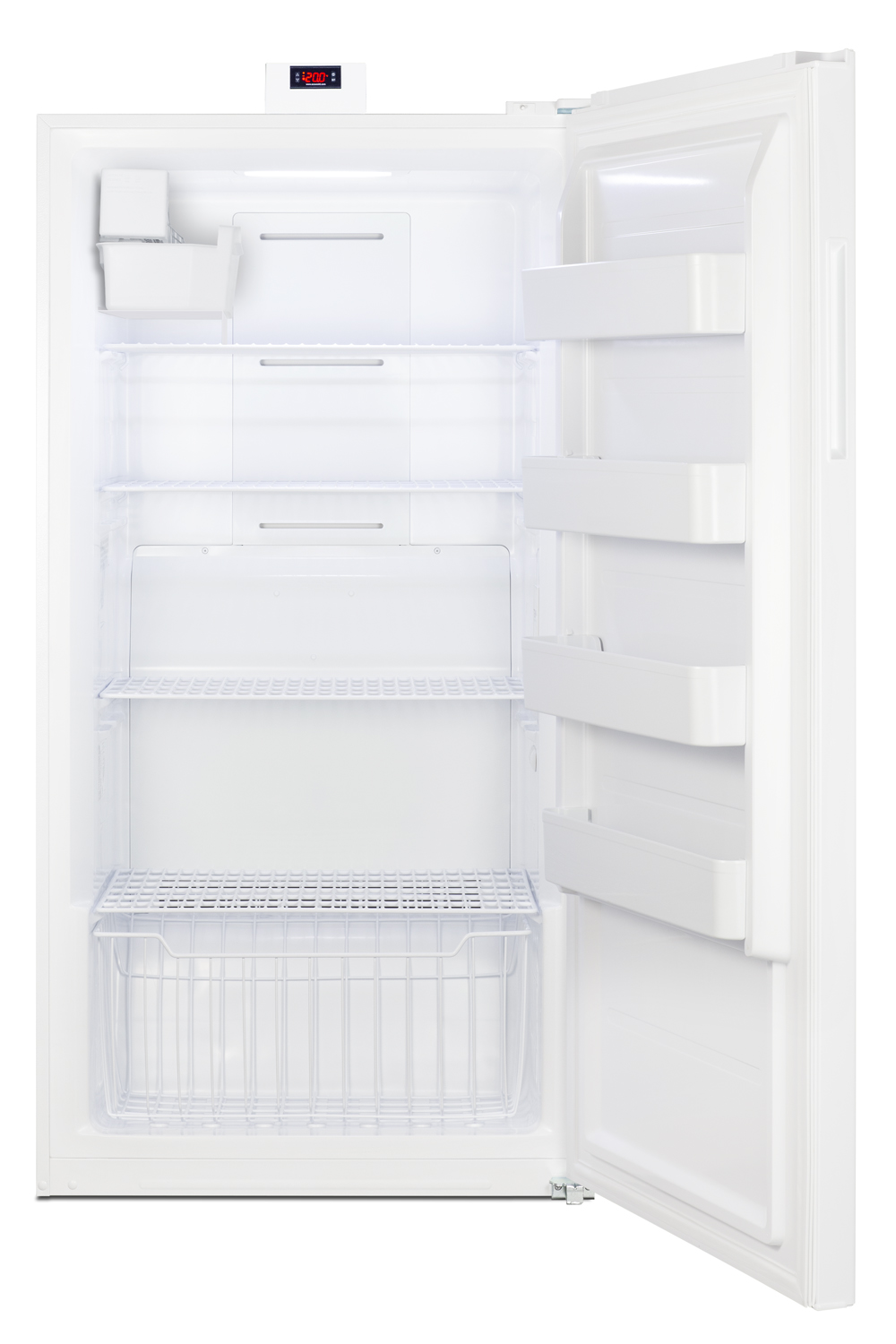 Upright frost-free freezer with factory-installed icemaker for general purpose storage with digital controls and white exterior finish
